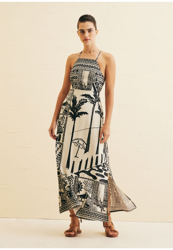 Vestido Midi Recorte Busto Estampado Rio