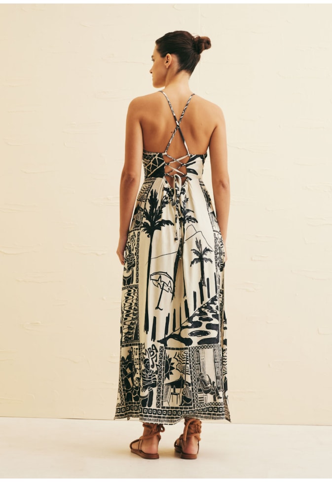 Vestido Midi Recorte Busto Estampado Rio