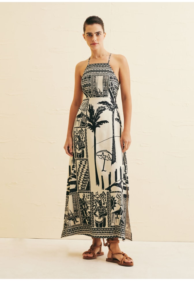 Vestido Midi Recorte Busto Estampado Rio