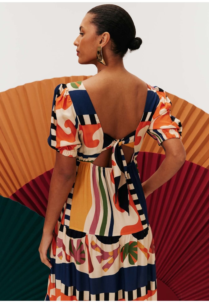 Vestido Midi Recorte Busto Estampado Samba