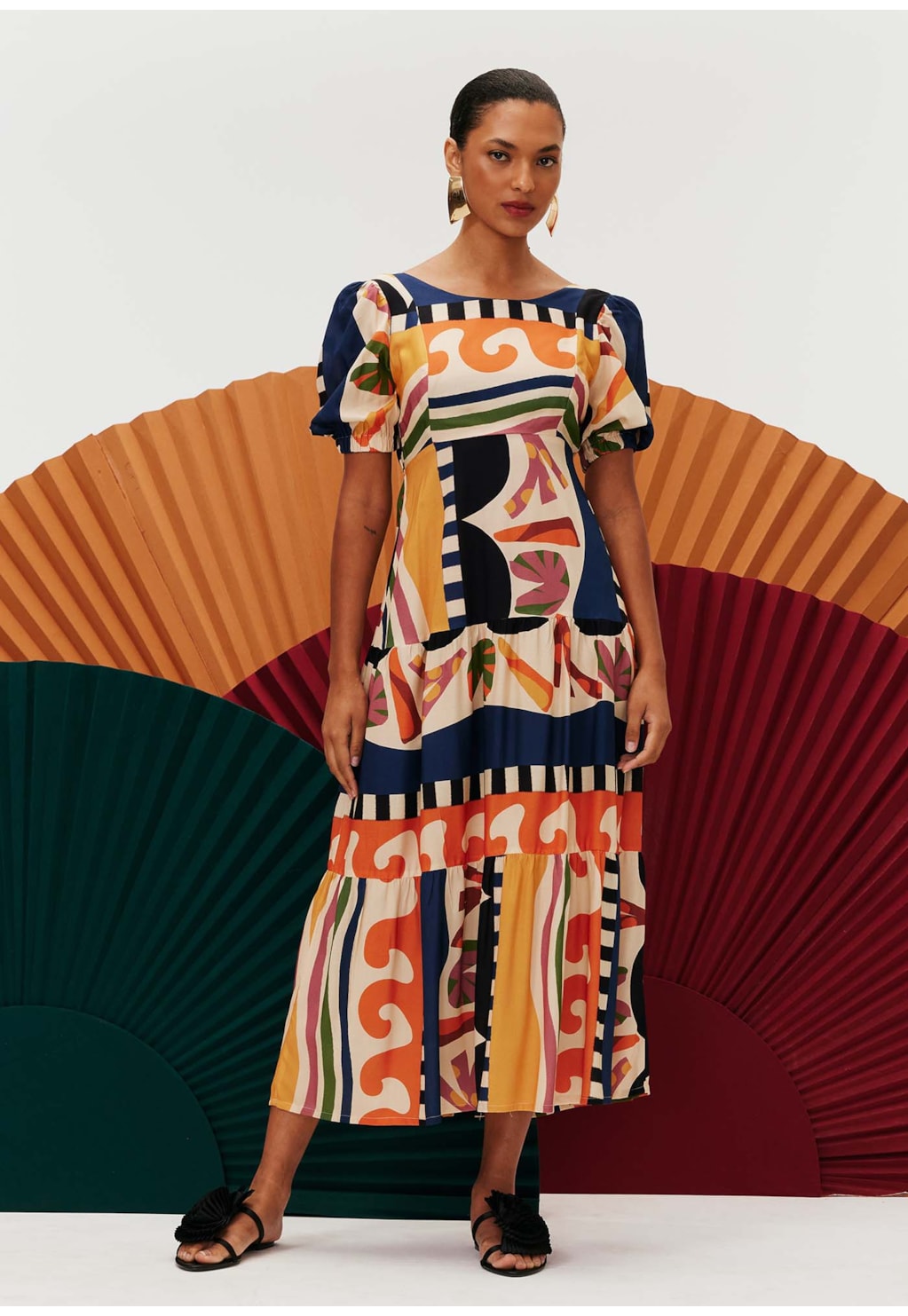 Vestido Midi Recorte Busto Estampado Samba