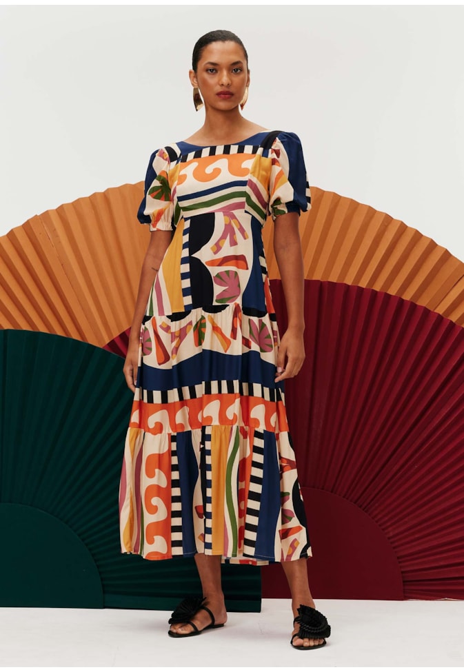 Vestido Midi Recorte Busto Estampado Samba