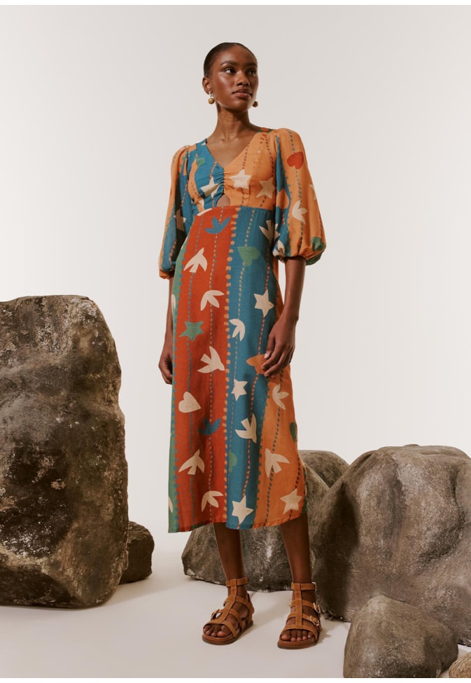 Vestido Midi Translaçado Costas Estampado Gravatá