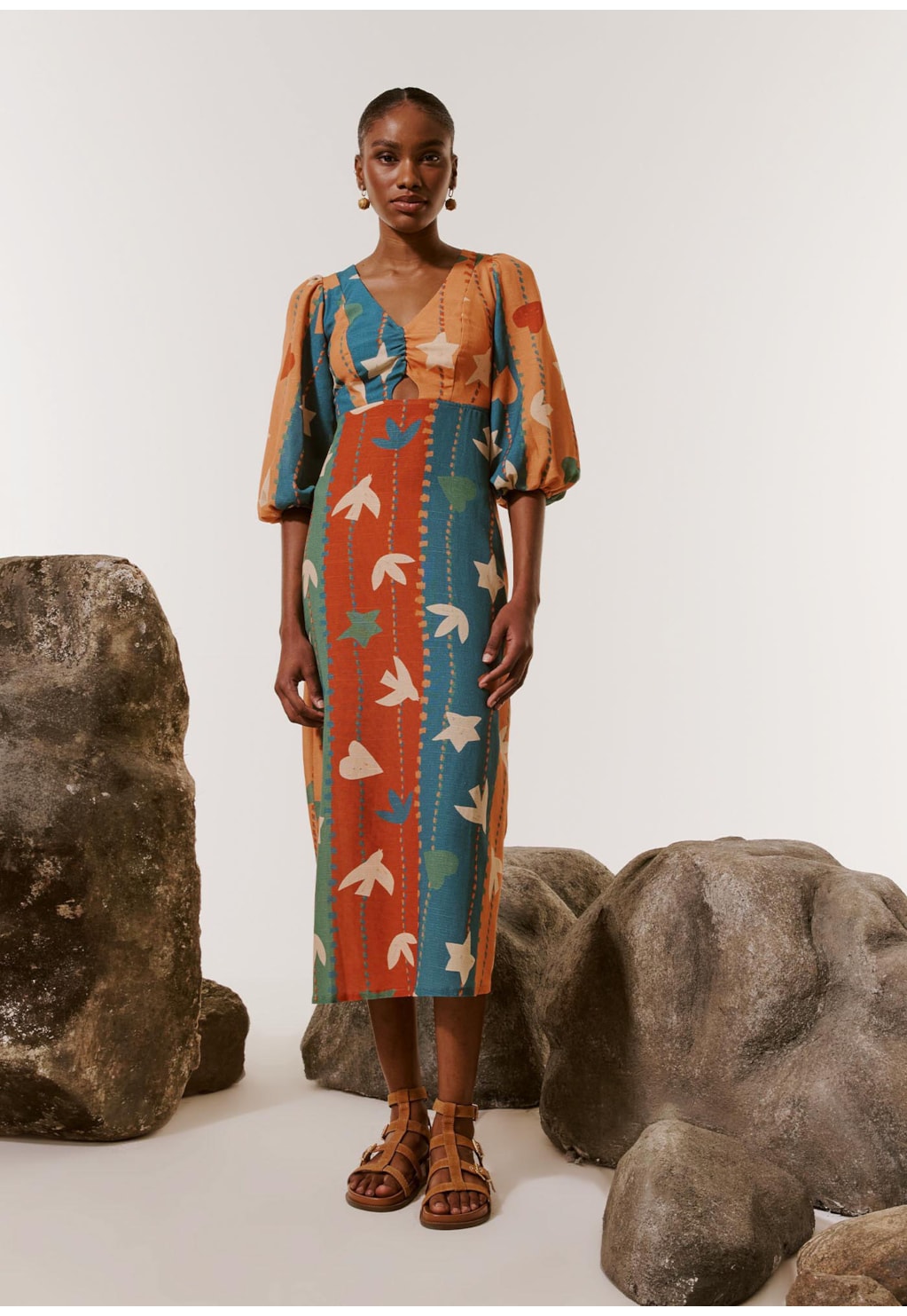 Vestido Midi Translaçado Costas Estampado Gravatá