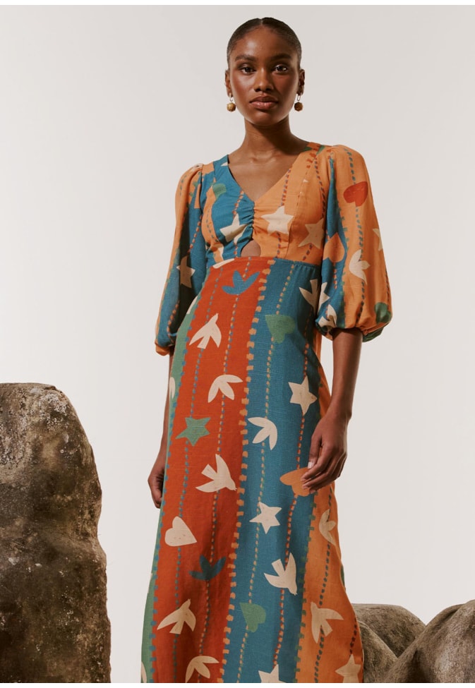 Vestido Midi Translaçado Costas Estampado Gravatá