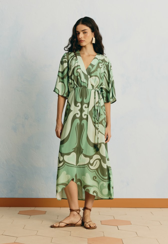 Vestido Midi Transpassado Estampado Nativa