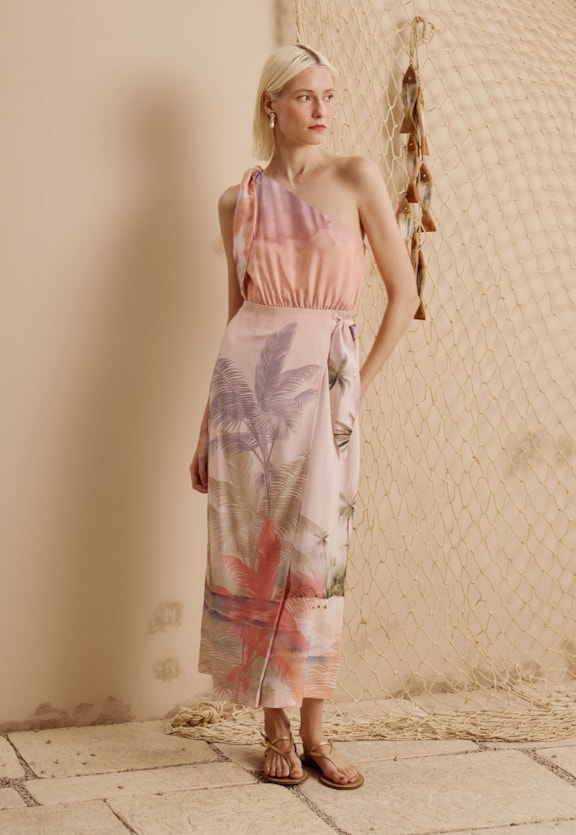 Vestido Midi Transpassado Pétalas Estampado Ilha do Combu Vista Frontal