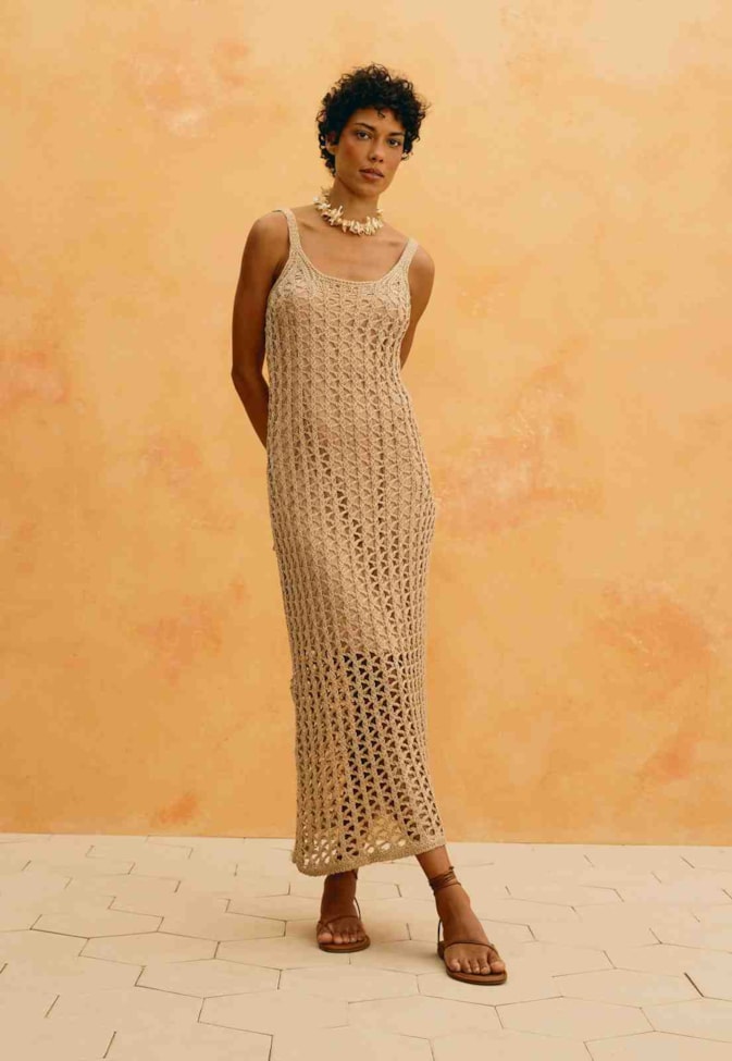Vestido Midi Tricot Crochê Lurex