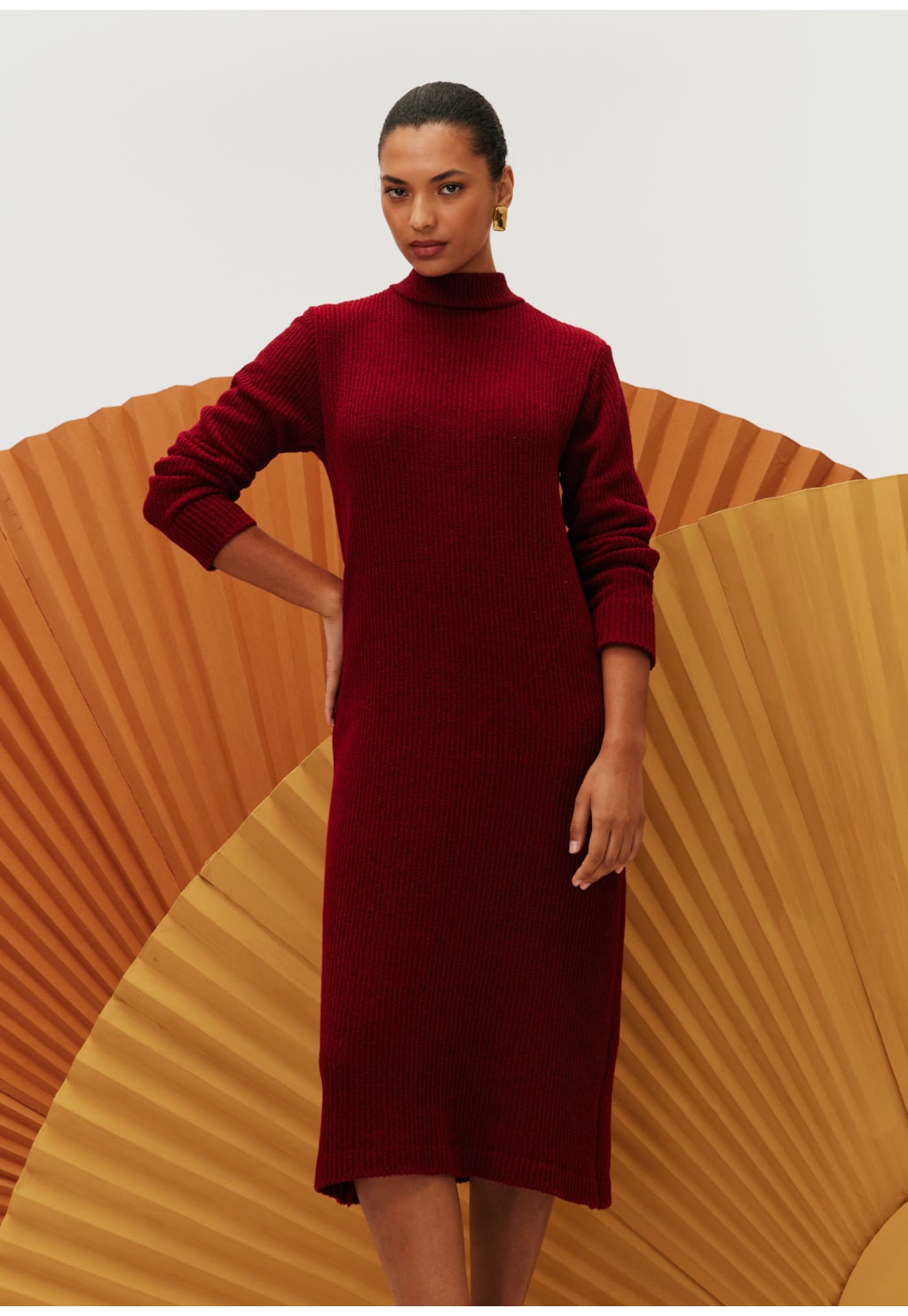 Vestido Midi Tricot Manga Longa