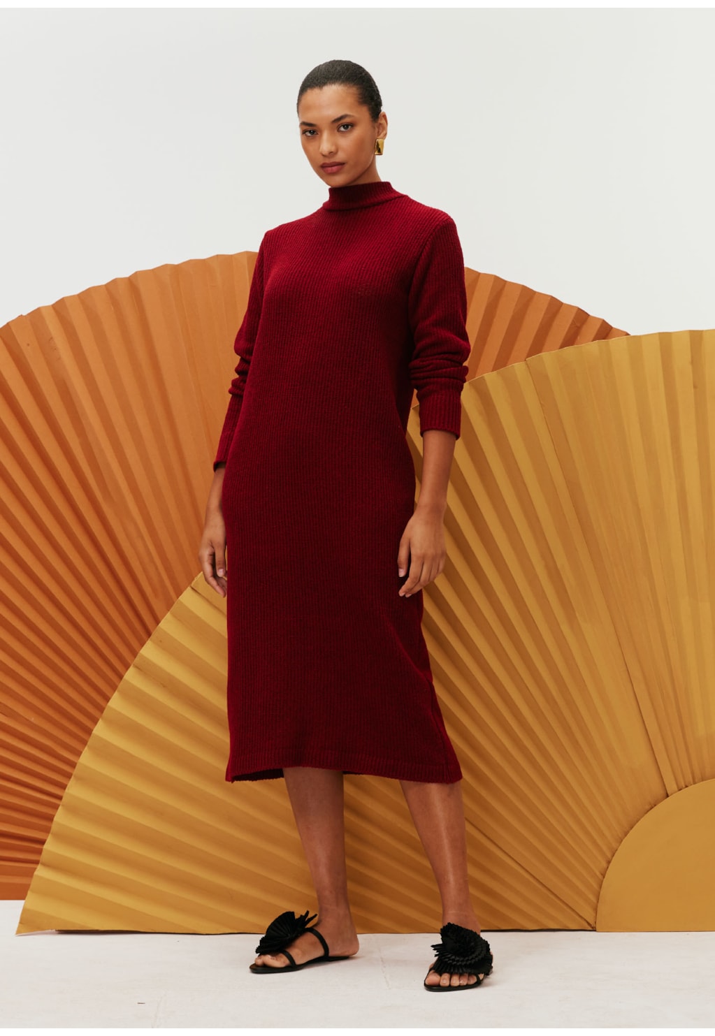 Vestido Midi Tricot Manga Longa