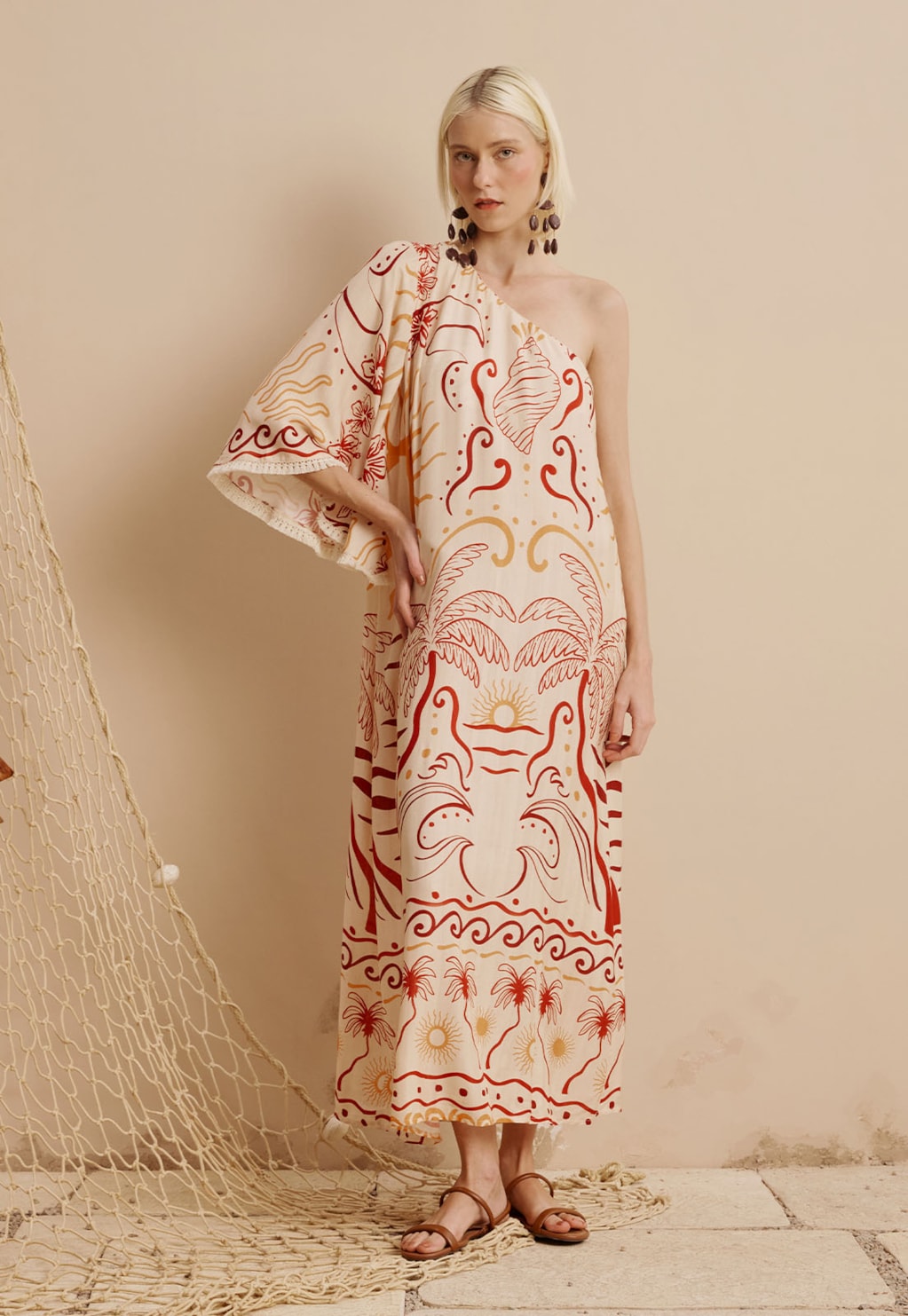 Vestido Midi Um Ombro Só Franjinha Estampado Marahú