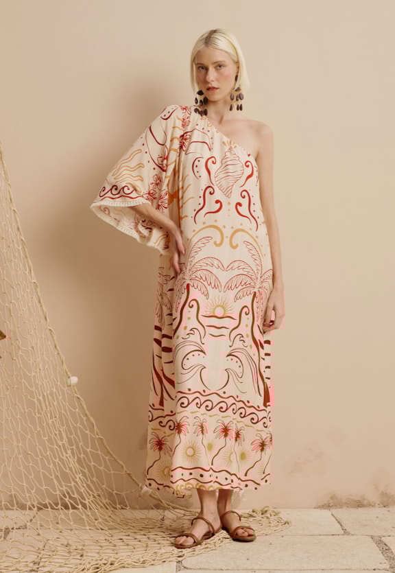 Vestido Midi Um Ombro Só Franjinha Estampado Marahú Vista Frontal