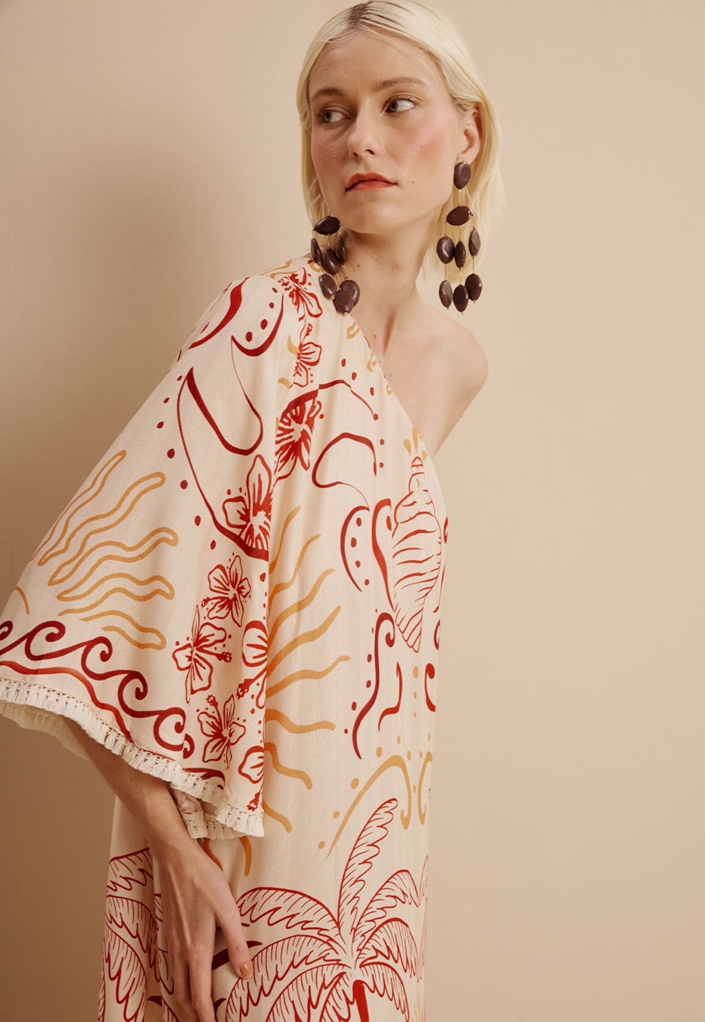 Vestido Midi Um Ombro Só Franjinha Estampado Marahú