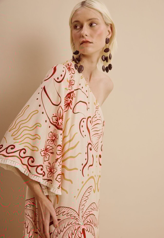 Vestido Midi Um Ombro Só Franjinha Estampado Marahú