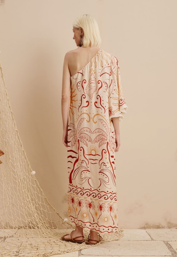 Vestido Midi Um Ombro Só Franjinha Estampado Marahú Vista Traseira