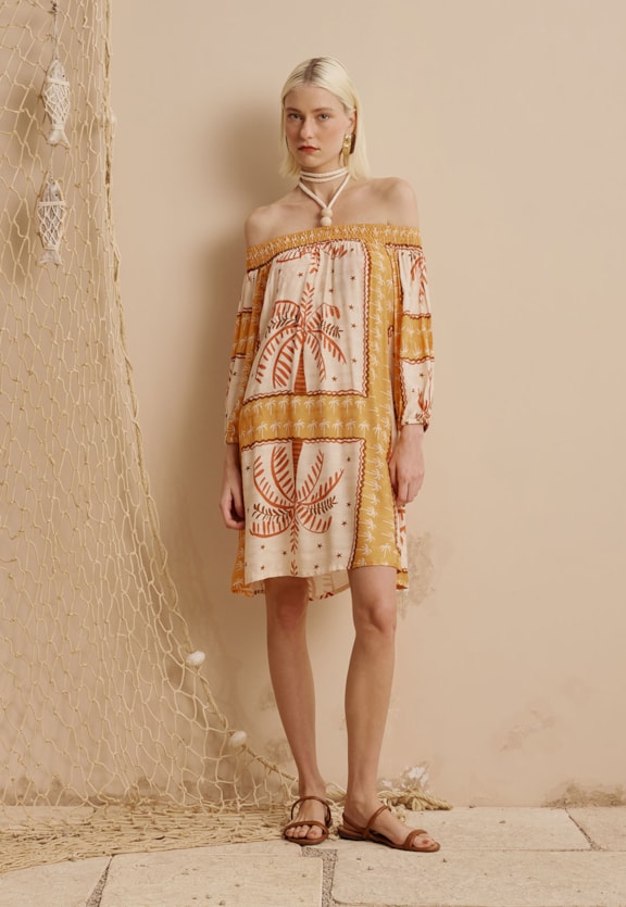 Vestido Ombro a Ombro Detalhe Ponteiras Estampado Copaiba Vista Frontal