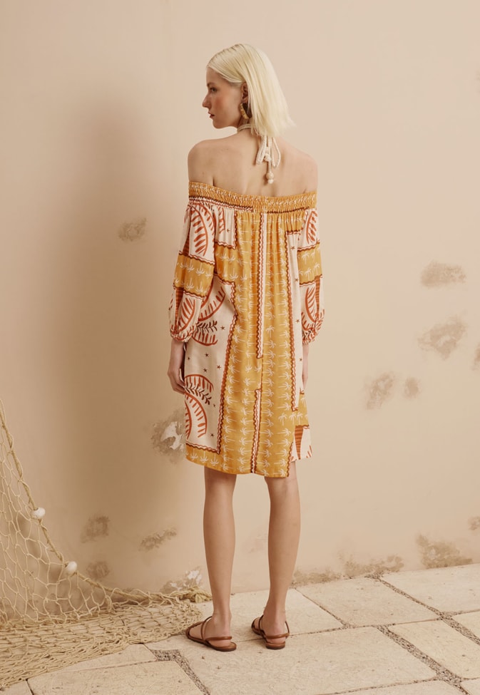 Vestido Ombro a Ombro Detalhe Ponteiras Estampado Copaiba