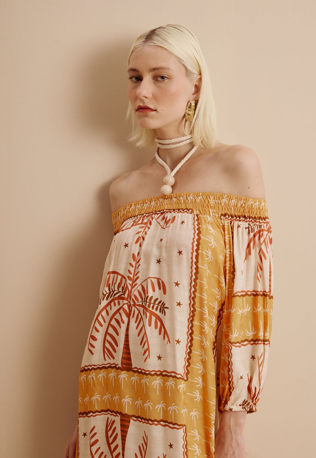 Vestido Ombro a Ombro Detalhe Ponteiras Estampado Copaiba