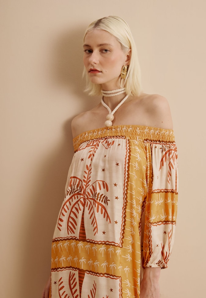 Vestido Ombro a Ombro Detalhe Ponteiras Estampado Copaiba