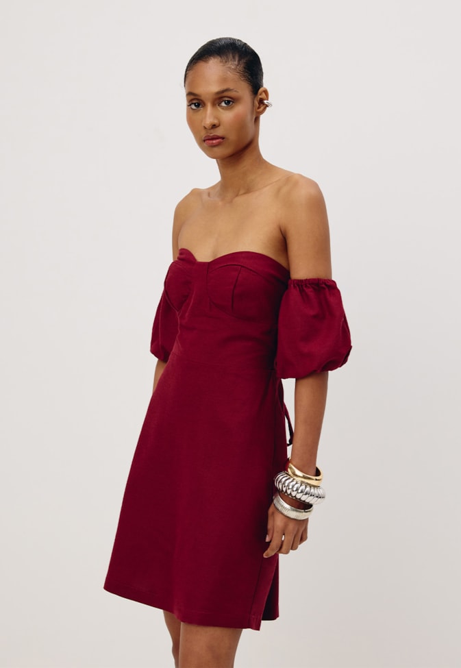 Vestido Ombro a Ombro Manga Balonê