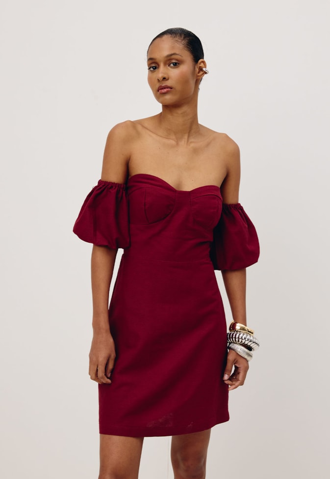 Vestido Ombro a Ombro Manga Balonê