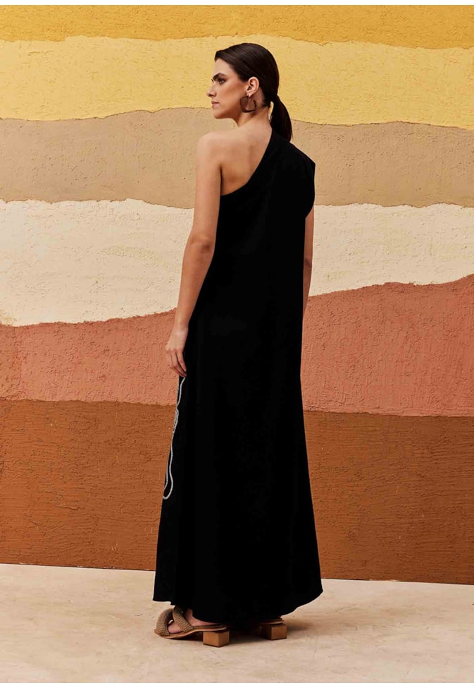 Vestido Um Ombro Só Bordado Folha Frente