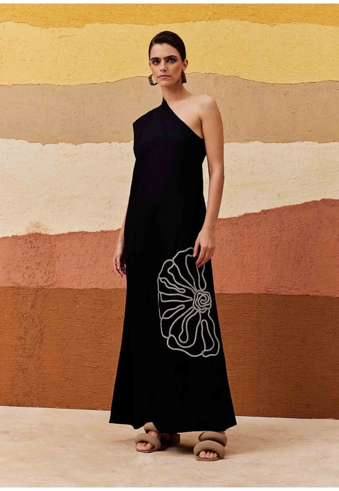 Vestido Um Ombro Só Bordado Folha Frente